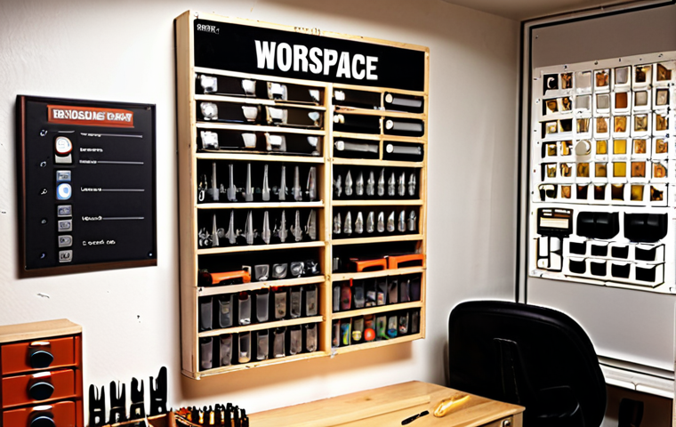 **
Prompt: A well-organized DIY workspace with labeled transparent boxes for screws and nails, a tool rack on the wall, and good lighting. Focus on the efficiency of the organized space.
**