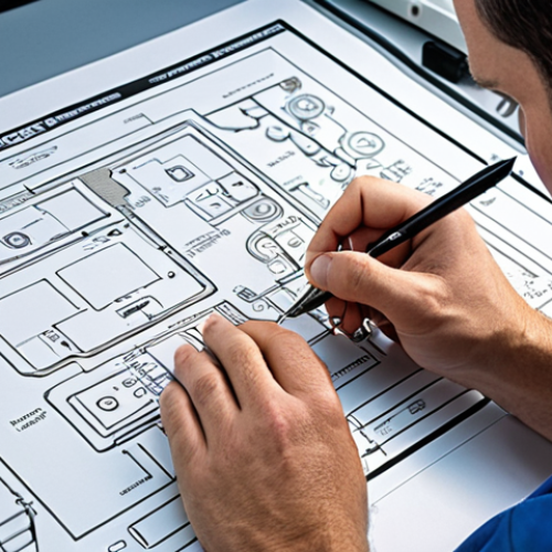 Home 6 **A technician meticulously examining a complex electrical schematic, highlighting key components with a pen, in a brightly lit workshop. The scene emphasizes precision and expertise.**