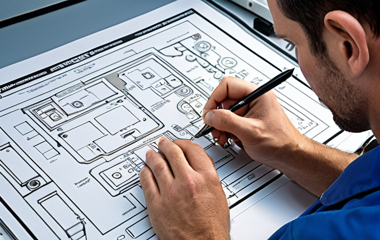 **A technician meticulously examining a complex electrical schematic, highlighting key components with a pen, in a brightly lit workshop. The scene emphasizes precision and expertise.**