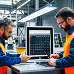 **

"A maintenance team using a shared digital calendar on tablets in a brightly lit, modern industrial setting. Technicians are fully clothed in appropriate work attire, collaborating and coordinating tasks. The environment shows advanced equipment and robotic arms. Safe for work, appropriate content, professional, modern technology, perfect anatomy, natural proportions, high quality."

**