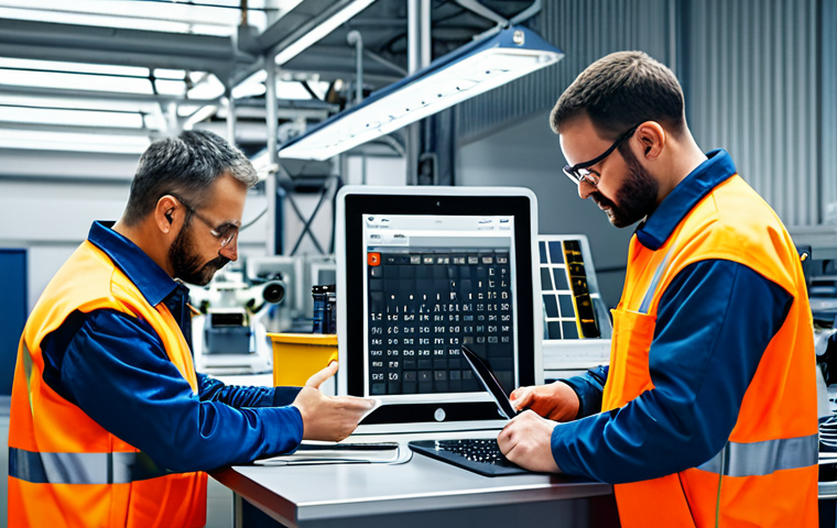 **
"A maintenance team using a shared digital calendar on tablets in a brightly lit, modern industrial setting. Technicians are fully clothed in appropriate work attire, collaborating and coordinating tasks. The environment shows advanced equipment and robotic arms. Safe for work, appropriate content, professional, modern technology, perfect anatomy, natural proportions, high quality."
**