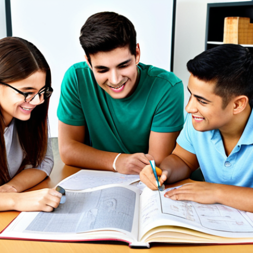 Home 9 Study Group Success**
"A diverse group of students, fully clothed in casual but appropriate attire, collaborating around a table covered with textbooks and diagrams. The scene is brightly lit and positive, with expressions of understanding and teamwork. Setting: A modern library or study room. safe for work, appropriate content, family-friendly, professional, perfect anatomy, correct proportions, well-formed hands."
**