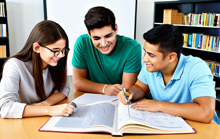 Study Group Success**
"A diverse group of students, fully clothed in casual but appropriate attire, collaborating around a table covered with textbooks and diagrams. The scene is brightly lit and positive, with expressions of understanding and teamwork. Setting: A modern library or study room. safe for work, appropriate content, family-friendly, professional, perfect anatomy, correct proportions, well-formed hands."
**
