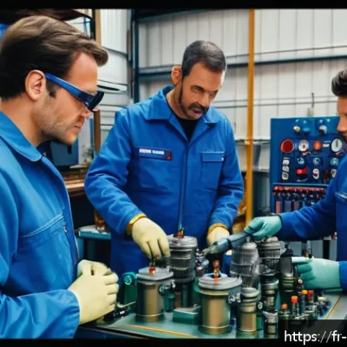 압축기 설비 유지보수 실무 - A detailed industrial workshop scene in France featuring a variety of air compressors including pist...