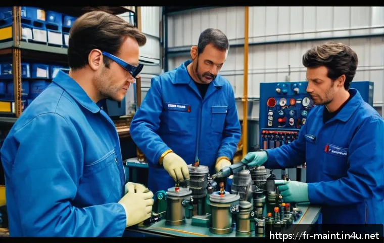 압축기 설비 유지보수 실무 - A detailed industrial workshop scene in France featuring a variety of air compressors including pist...