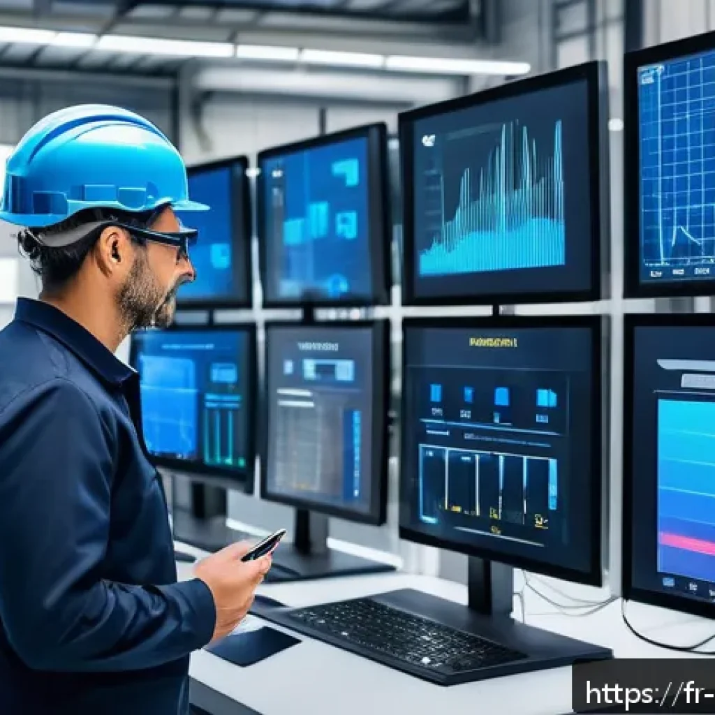 설비 유지보수 기술 트렌드 분석 - A highly detailed industrial factory control room featuring a large digital dashboard displaying rea...