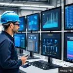 설비 유지보수 기술 트렌드 분석 - A highly detailed industrial factory control room featuring a large digital dashboard displaying rea...