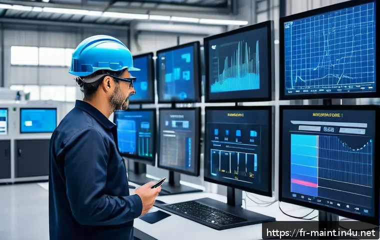 설비 유지보수 기술 트렌드 분석 - A highly detailed industrial factory control room featuring a large digital dashboard displaying rea...