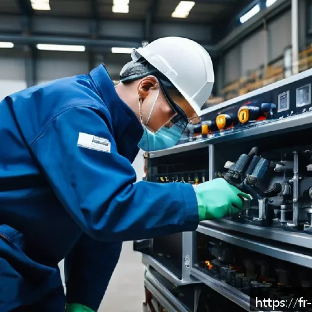 설비 유지보수 예방정비 체크리스트 - A detailed industrial maintenance scene inside a modern French factory, showing a technician wearing...