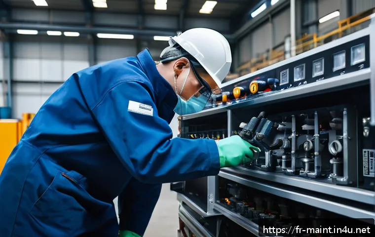 설비 유지보수 예방정비 체크리스트 - A detailed industrial maintenance scene inside a modern French factory, showing a technician wearing...
