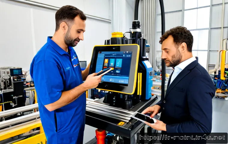 설비 유지보수 프로세스 최적화 사례 - Photorealistic French manufacturing facility maintenance team reviewing an optimized equipment maint...